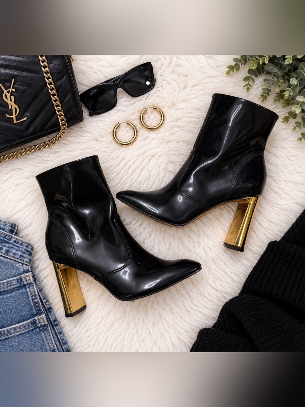 Gianni Bini Black Patent Pointed Ankle Boots with Gold Block Heel